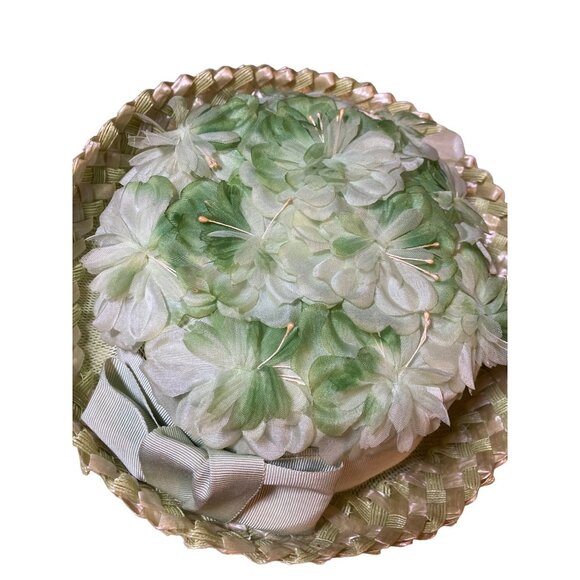 Ladies Green Floral Vintage Breton Style Hat Wide Ribbon Accent Union Made - Picture 5 of 14